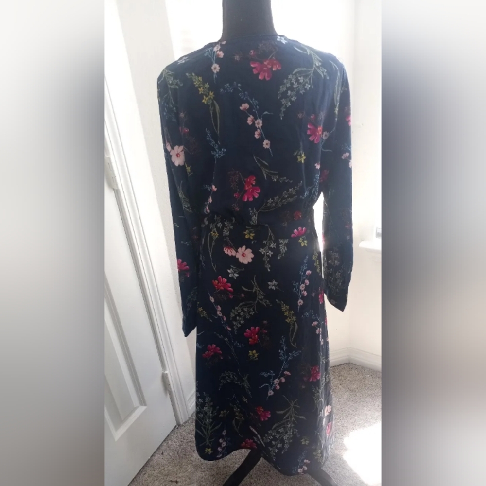 Dark blue multicolored floral long sleeve wrap dress